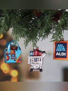 ALDI Blue Shopper Tote and Shopping Cart Holiday Glass Ornament Set